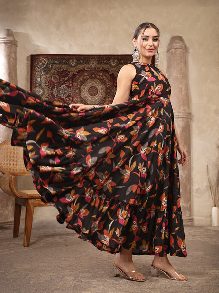 Kimayra Cotton Calf Length Printed Sleeveless Key Hole Neck Flared Kurta