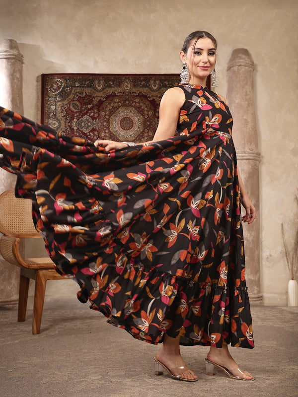 Kimayra Cotton Calf Length Printed Sleeveless Key Hole Neck Flared Kurta