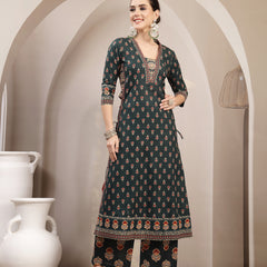 Kimayra Cotton Calf Length Printed 3/4 Sleeve V-Neck A-Line Kurta Suit Set