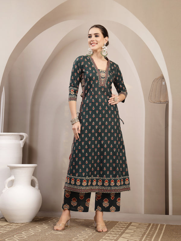 Kimayra Cotton Calf Length Printed 3/4 Sleeve V-Neck A-Line Kurta Suit Set