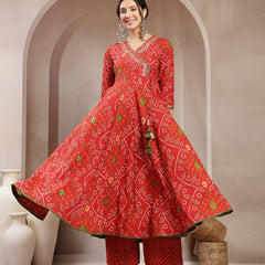 Kimayra Cotton Calf Length Printed 3/4 Sleeve Angrakha Flared Kurta Suit Set