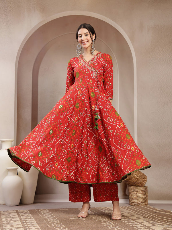 Kimayra Cotton Calf Length Printed 3/4 Sleeve Angrakha Flared Kurta Suit Set