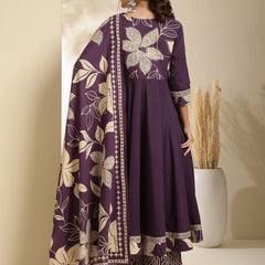 Kimayra Cotton Calf Length Printed 3/4 Sleeve V-Neck Anarkali Kurta Suit Set