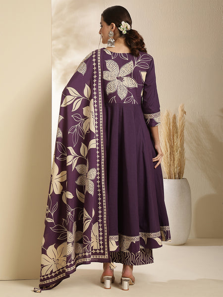 Kimayra Cotton Calf Length Printed 3/4 Sleeve V-Neck Anarkali Kurta Suit Set