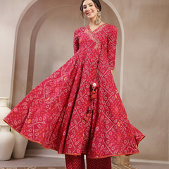 Kimayra Cotton Calf Length Printed 3/4 Sleeve Angrakha Flared Kurta Suit Set