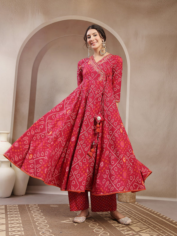 Kimayra Cotton Calf Length Printed 3/4 Sleeve Angrakha Flared Kurta Suit Set