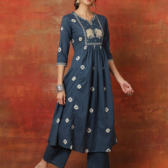 Kimayra Rayon Calf Length Printed 3/4 Sleeves Round Neck Semi-Flared Kurta Suit Set