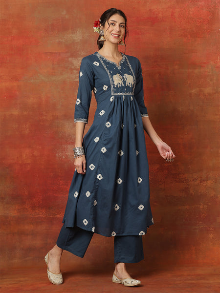 Kimayra Rayon Calf Length Printed 3/4 Sleeves Round Neck Semi-Flared Kurta Suit Set