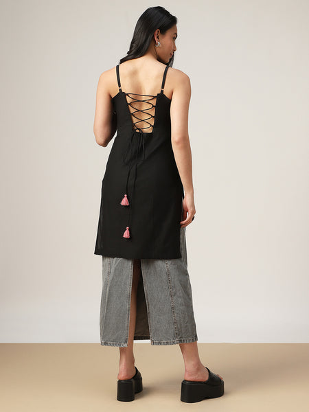 Kimayra Cotton Mid Length Printed Sleeveless Square Neck Straight Kurta