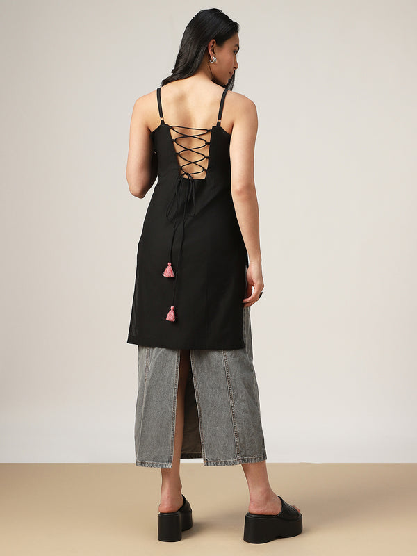Kimayra Cotton Mid Length Printed Sleeveless Square Neck Straight Kurta
