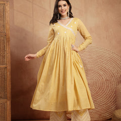 Kimayra Cotton Calf Length Printed 3/4 Sleeve V-Neck Flared Kurta Suit Set