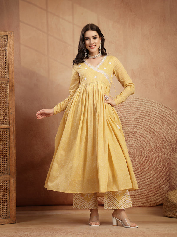 Kimayra Cotton Calf Length Printed 3/4 Sleeve V-Neck Flared Kurta Suit Set