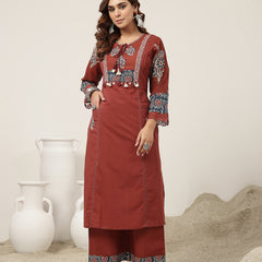 Kimayra Cotton Calf Length Solid 3/4 Sleeve Round Neck Straight Kurta Suit Set