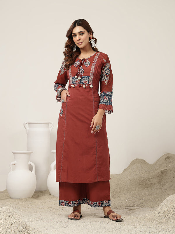 Kimayra Cotton Calf Length Solid 3/4 Sleeve Round Neck Straight Kurta Suit Set