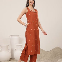 Kimayra Cotton Calf Length Solid Sleeveless Round Neck Straight Kurta Suit Set