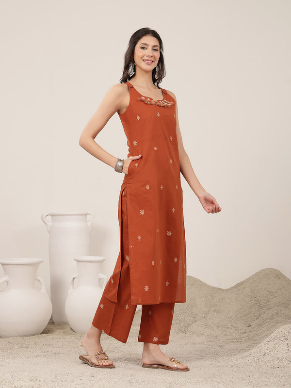 Kimayra Cotton Calf Length Solid Sleeveless Round Neck Straight Kurta Suit Set