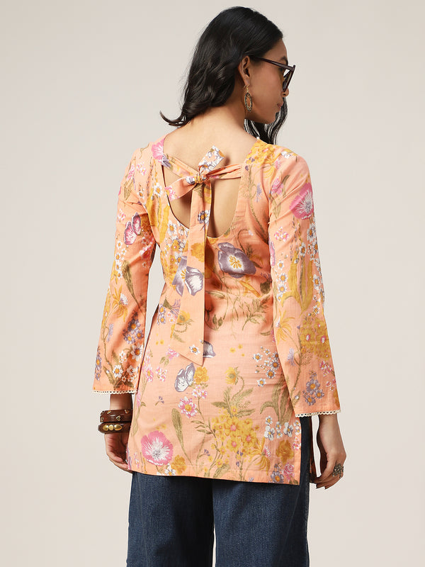 Kimayra Cotton Hip Length Printed Full Sleeve V-Neck Straight Top
