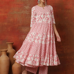 Kimayra Cotton Ankle  Length Printed 3/4 Sleeves Round Neck Full Flared Kurta Suit Set