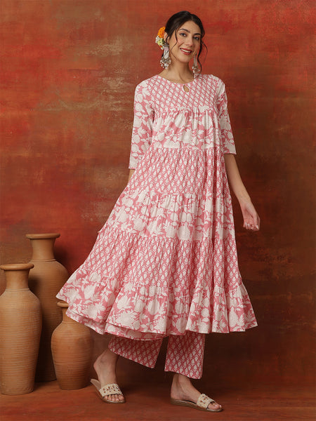 Kimayra Cotton Ankle  Length Printed 3/4 Sleeves Round Neck Full Flared Kurta Suit Set