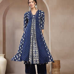 Kimayra Rayon Calf Length Printed 3/4 Sleeve V-Neck Flared Kurta Suit Set