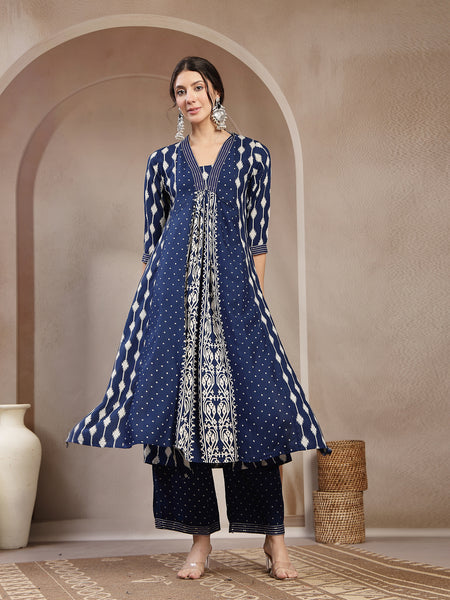 Kimayra Rayon Calf Length Printed 3/4 Sleeve V-Neck Flared Kurta Suit Set