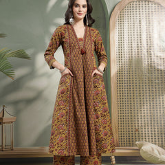 Kimayra Cotton Calf Length Printed 3/4 Sleeve V-Neck Flared Kurta Suit Set