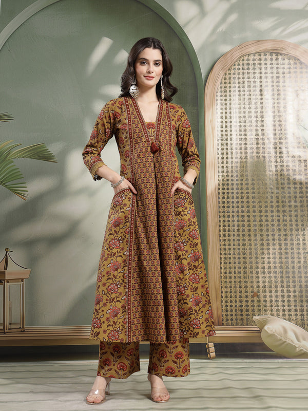 Kimayra Cotton Calf Length Printed 3/4 Sleeve V-Neck Flared Kurta Suit Set