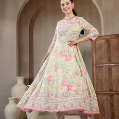 Kimayra Cotton Calf Length Printed 3/4 Sleeve V Neck Flared Kurta Suit Set