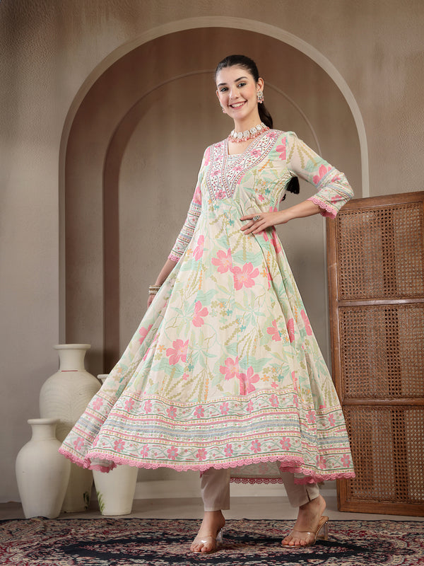 Kimayra Cotton Calf Length Printed 3/4 Sleeve V Neck Flared Kurta Suit Set