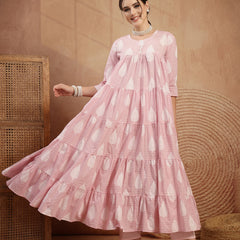 Kimayra Cotton Calf Length Printed 3/4 Sleeve Round Neck Flared Kurta Suit Set