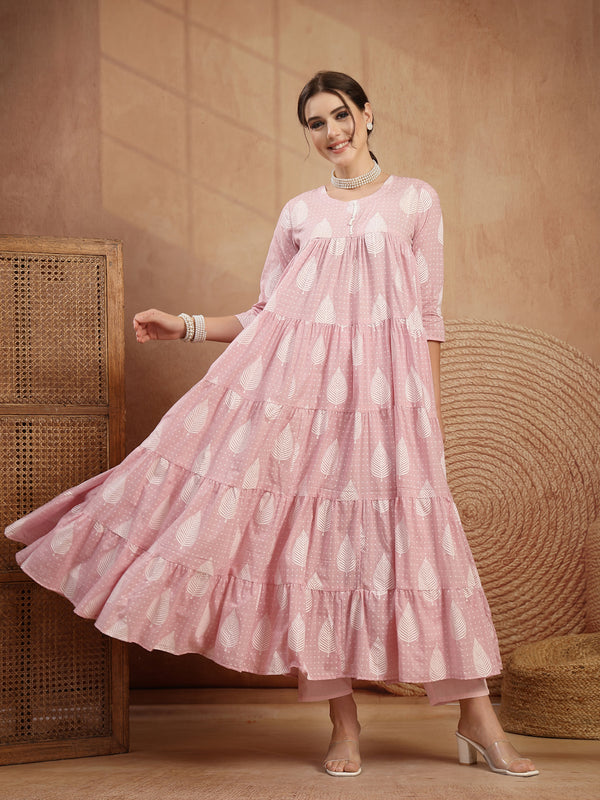 Kimayra Cotton Calf Length Printed 3/4 Sleeve Round Neck Flared Kurta Suit Set