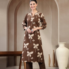 Kimayra Cotton Calf Length Printed 3/4 Sleeve Mandarin Collar Straight Kurta Suit Set