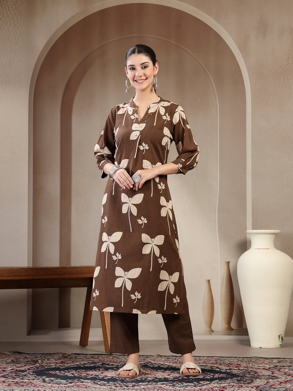 Kimayra Cotton Calf Length Printed 3/4 Sleeve Mandarin Collar Straight Kurta Suit Set
