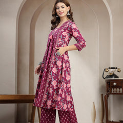 Kimayra Cotton Calf Length Printed 3/4 Sleeve V-Neck Flared Kurta Suit Set