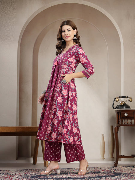 Kimayra Cotton Calf Length Printed 3/4 Sleeve V-Neck Flared Kurta Suit Set