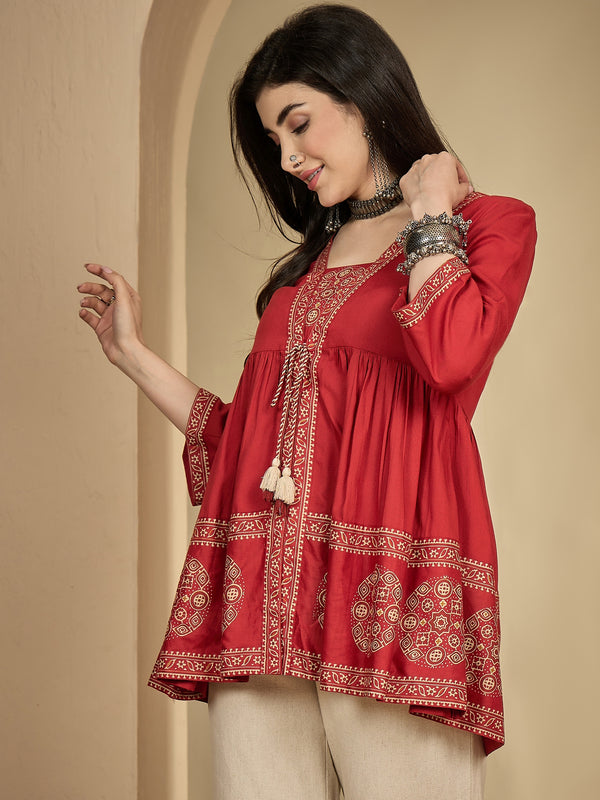 Kimayra Rayon Hip Length Printed 3/4 Sleeve Square Flared Top