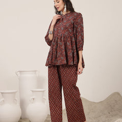 Kimayra Cotton Hip Length Printed 3/4 Sleeve Mandarin Collar Flared Kurta Suit Set