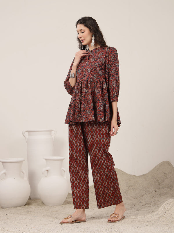 Kimayra Cotton Hip Length Printed 3/4 Sleeve Mandarin Collar Flared Kurta Suit Set