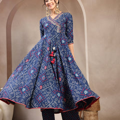 Kimayra Cotton Calf Length Printed 3/4 Sleeve Angrakha Flared Kurta Suit Set