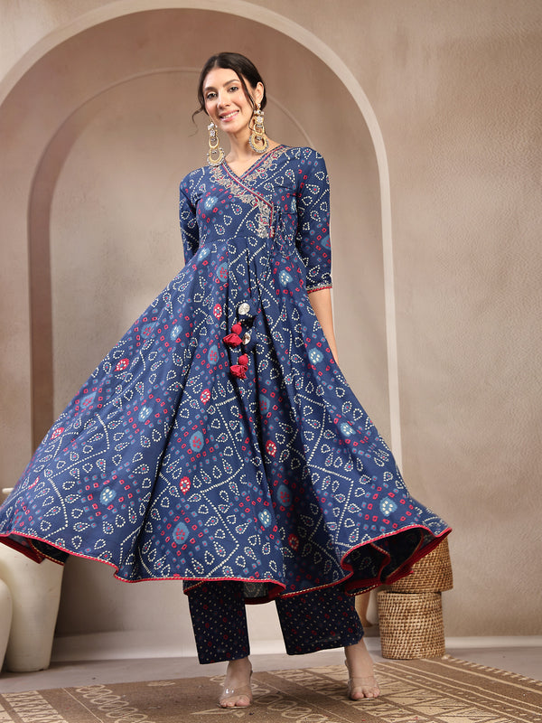 Kimayra Cotton Calf Length Printed 3/4 Sleeve Angrakha Flared Kurta Suit Set