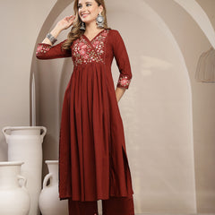 Kimayra Cotton Calf Length Solid 3/4 Sleeve V-Neck Flared Kurta Suit Set