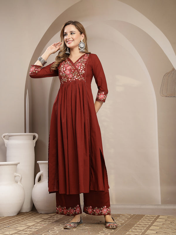 Kimayra Cotton Calf Length Solid 3/4 Sleeve V-Neck Flared Kurta Suit Set
