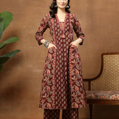Kimayra Cotton Calf Length Printed 3/4 Sleeve V-Neck Flared Kurta Suit Set