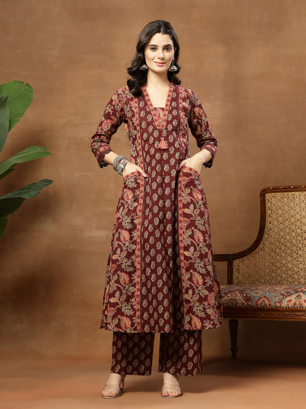 Kimayra Cotton Calf Length Printed 3/4 Sleeve V-Neck Flared Kurta Suit Set