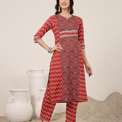 Kimayra Rayon Calf Length Printed 3/4 Sleeve Round Neck Straight Kurta Suit Set