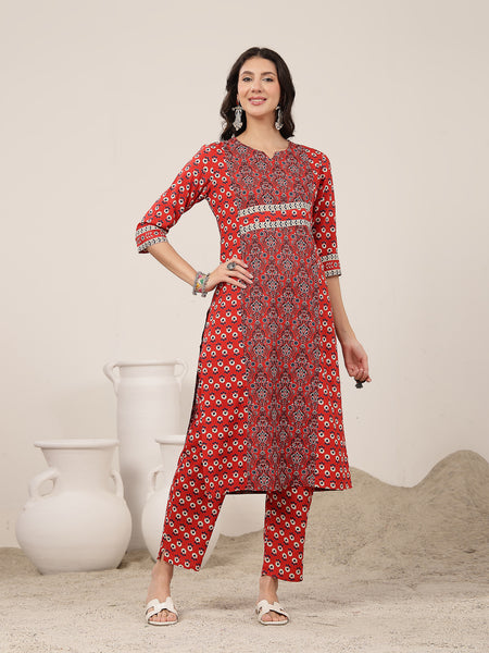 Kimayra Rayon Calf Length Printed 3/4 Sleeve Round Neck Straight Kurta Suit Set