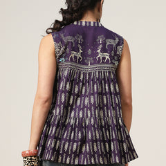 Kimayra Cotton Hip Length Printed Sleeveless Mandarin Collar Flared Top