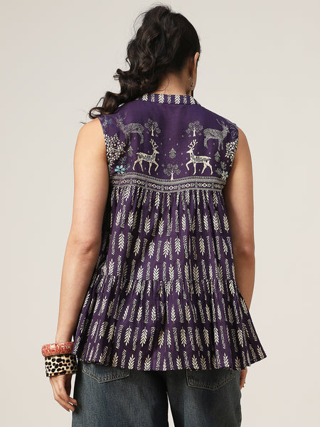 Kimayra Cotton Hip Length Printed Sleeveless Mandarin Collar Flared Top