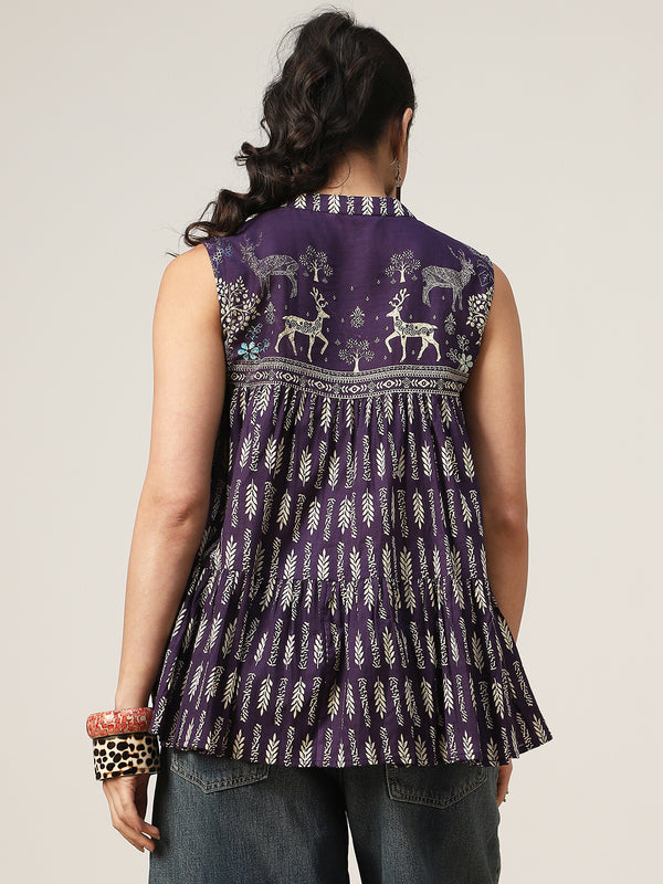 Kimayra Cotton Hip Length Printed Sleeveless Mandarin Collar Flared Top