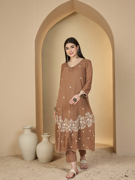 Kimayra Cotton Calf Length Solid 3/4 Sleeves V-Neck A-Line Kurta Suit Set